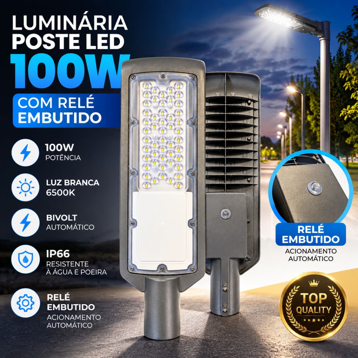 Luminária LED Pública 100W Para Poste Com Sensor Fotoelétrico IP67 Branco Frio 6500K Bivolt