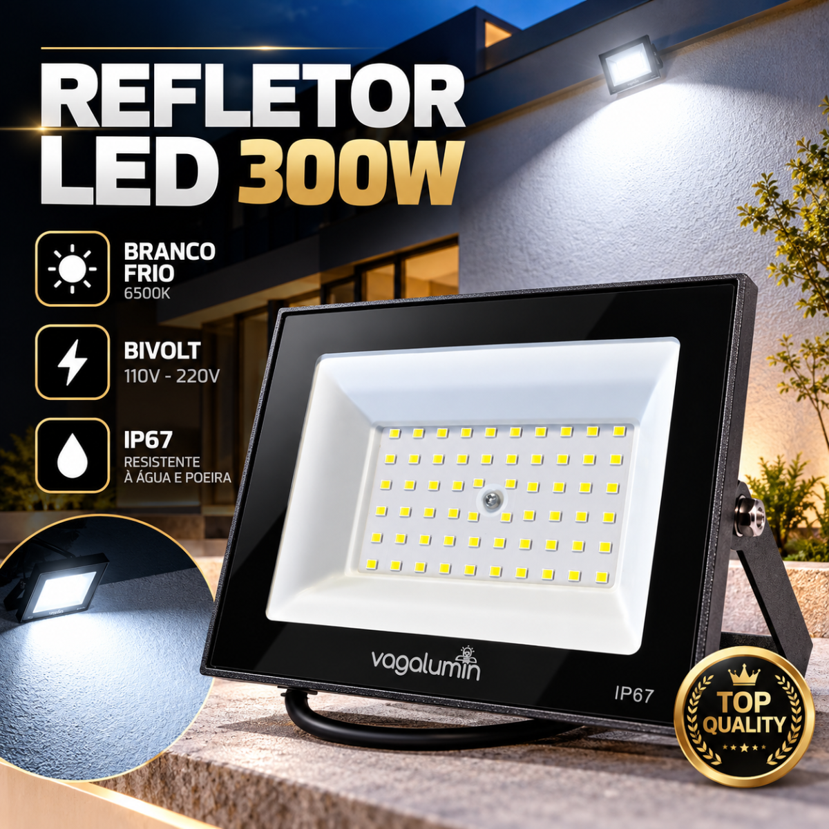 Refletor LED 300W Bivolt IP67 Branco Frio 6500K