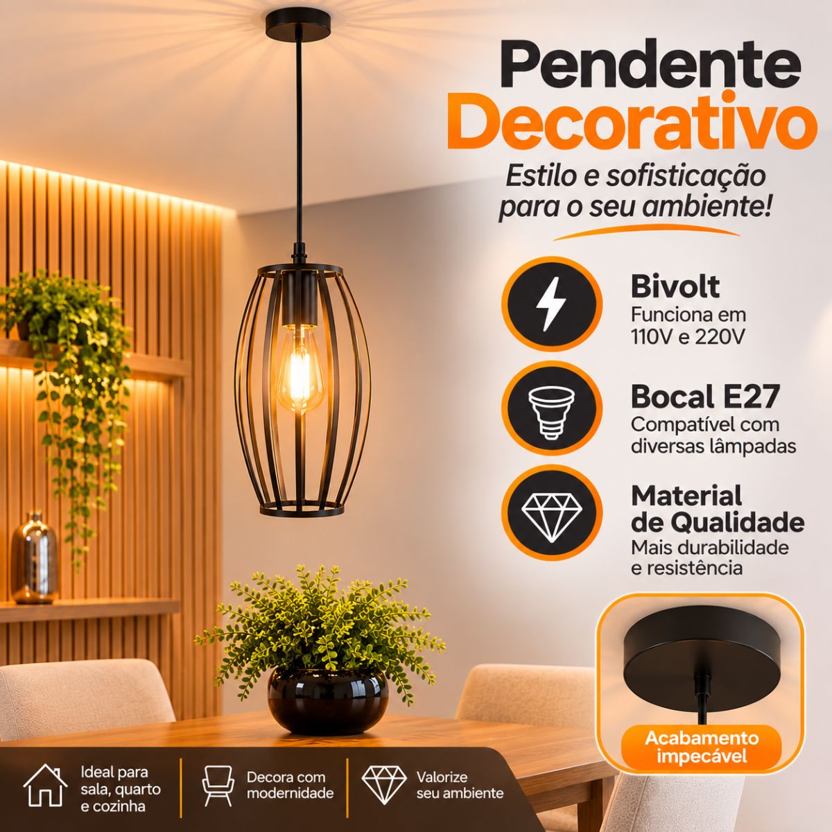 Pendente Oval Aramado Preto Industrial e27