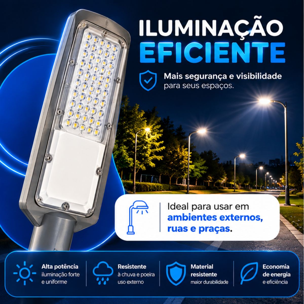 Luminária LED Pública 100W Para Poste Com Sensor Fotoelétrico IP67 Branco Frio 6500K Bivolt