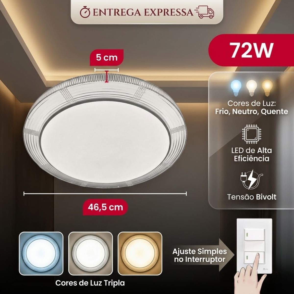 Plafon LED Sobrepor Redondo Efeito Cristal 3 Cores 72W Bivolt