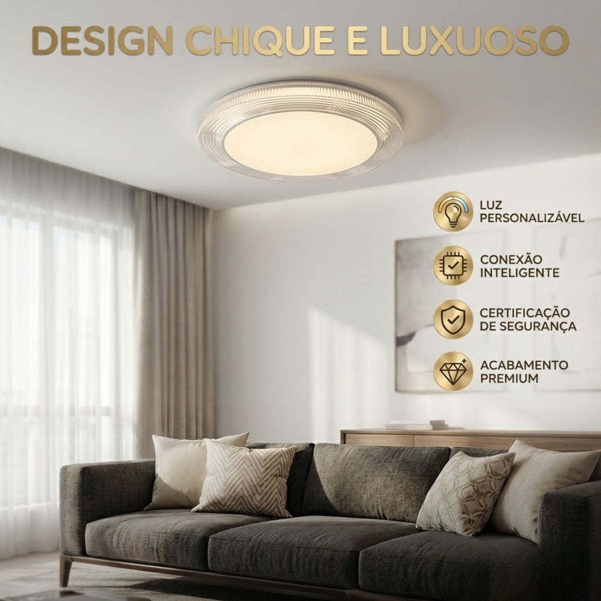 Plafon LED Sobrepor Redondo Efeito Cristal 3 Cores 72W Bivolt