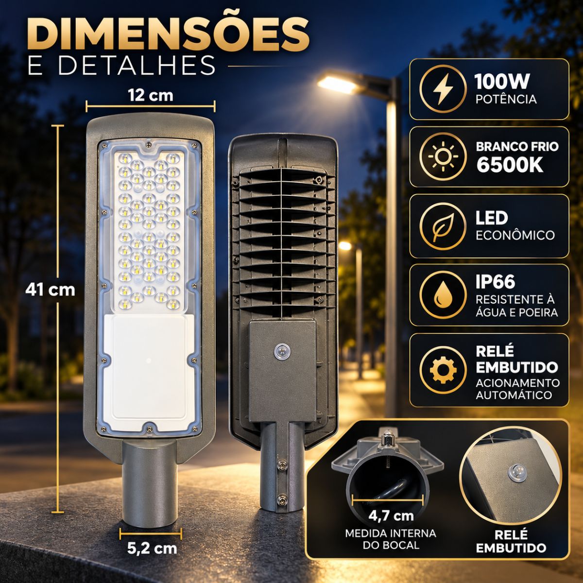 Luminária LED Pública 100W Para Poste Com Sensor Fotoelétrico IP67 Branco Frio 6500K Bivolt