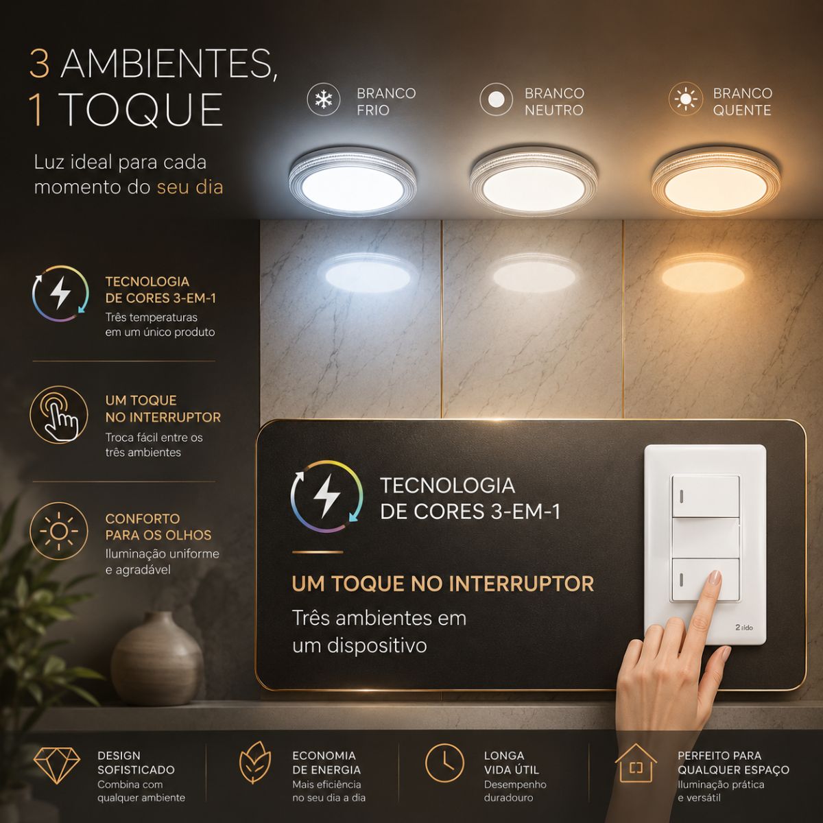 Plafon LED Sobrepor Redondo Efeito Cristal 3 Cores 72W Bivolt