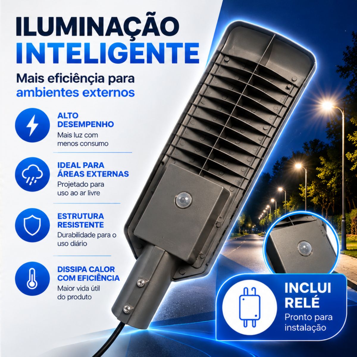 Luminária LED Pública 100W Para Poste Com Sensor Fotoelétrico IP67 Branco Frio 6500K Bivolt