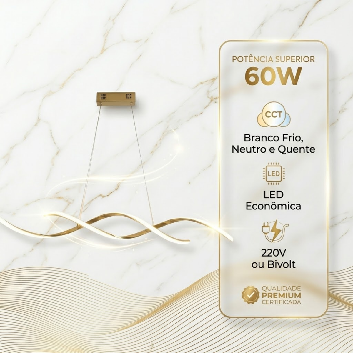 Lustre Pendente LED Dourado Espiral Bivolt 60W 3 Temperaturas de Cor
