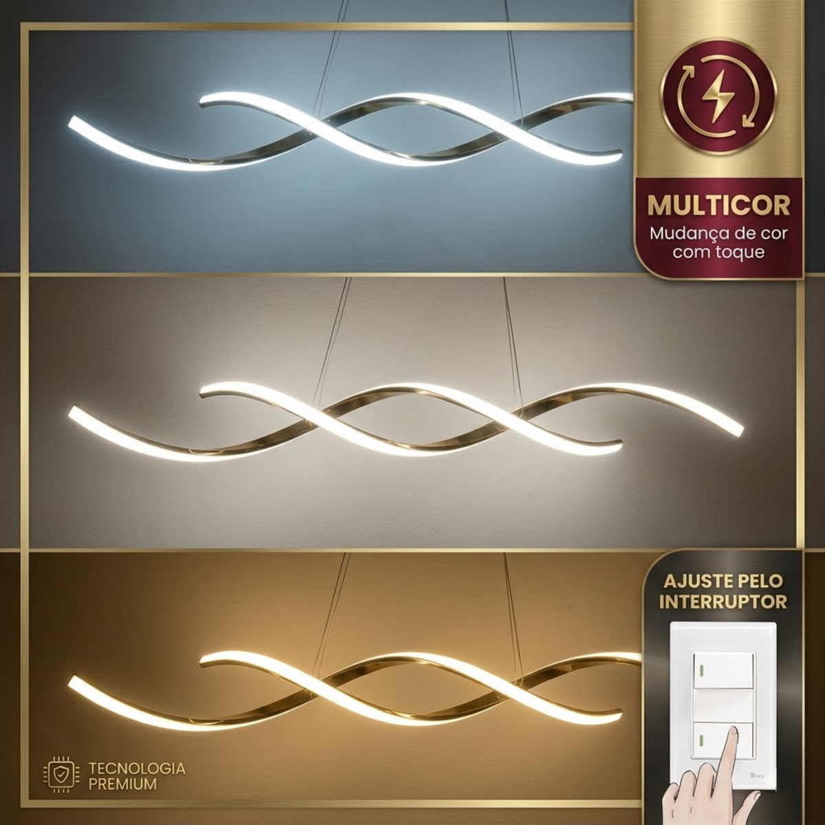 Lustre Pendente LED Dourado Espiral Bivolt 60W 3 Temperaturas de Cor
