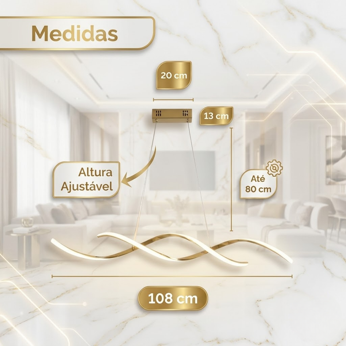 Lustre Pendente LED Dourado Espiral Bivolt 60W 3 Temperaturas de Cor