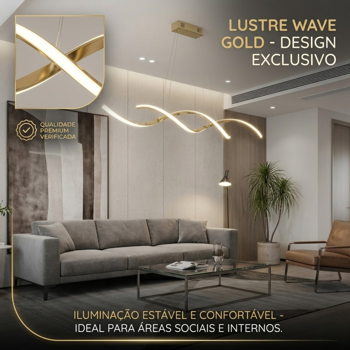 Lustre Pendente LED Dourado Espiral Bivolt 60W 3 Temperaturas de Cor