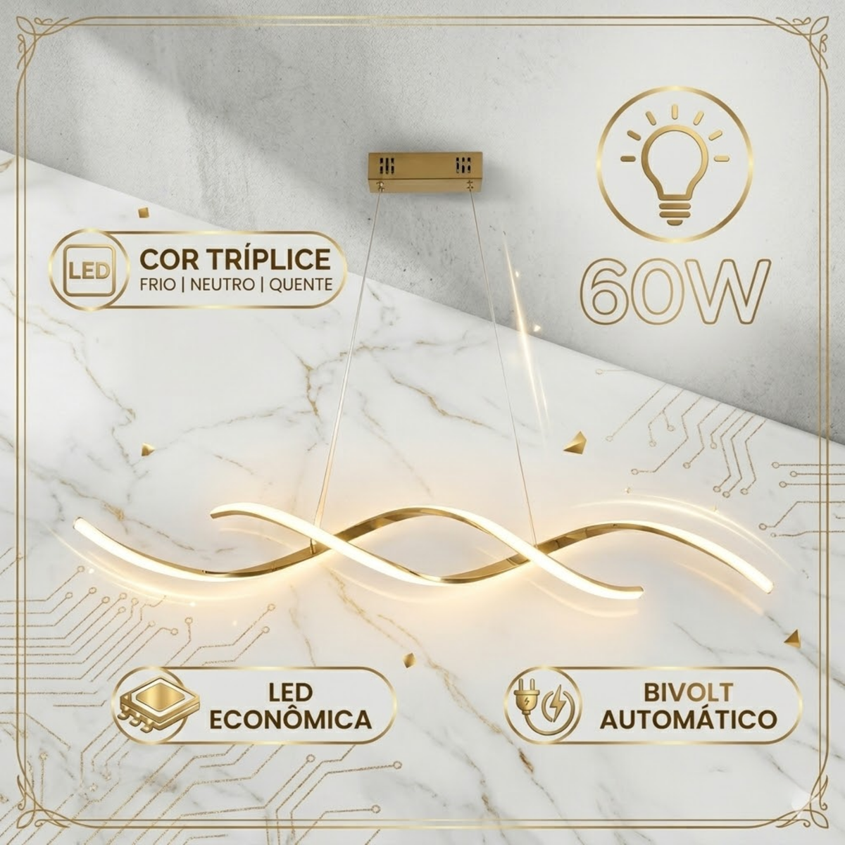 Lustre Pendente LED Dourado Espiral Bivolt 60W 3 Temperaturas de Cor