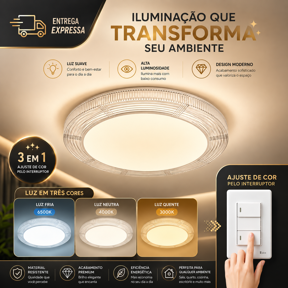 Plafon LED Sobrepor Redondo Efeito Cristal 3 Cores 72W Bivolt