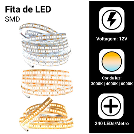 Fita Led 240led Por Metro 12v 3528 P/ Perfil 5 Metros Ip20