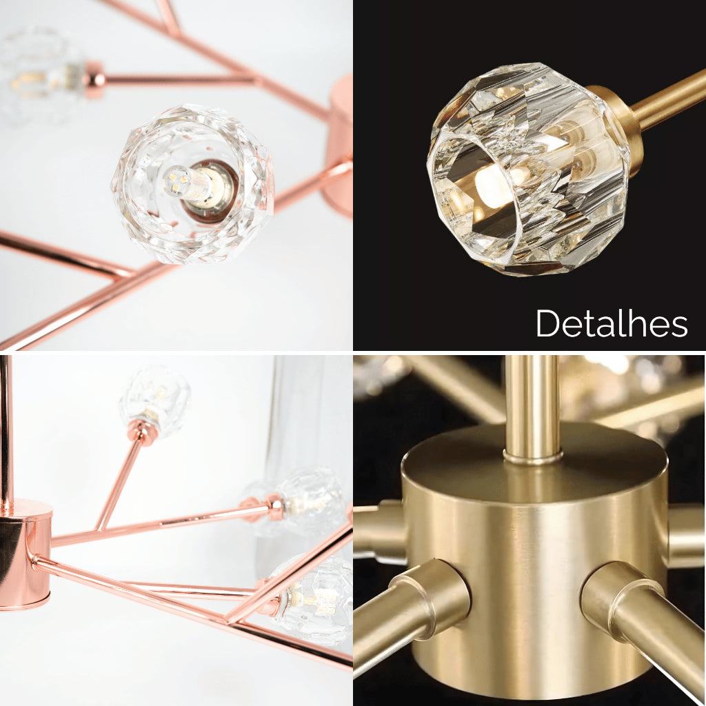 Lustre 9 / 12 Globos Pendente de cristal XLX Dourado Rose Luminária de Teto Pendente Luxo Moderno