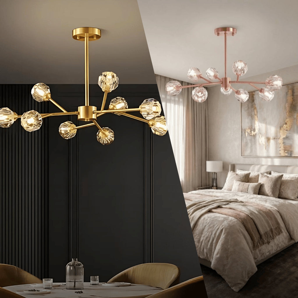 Lustre 9 / 12 Globos Pendente de cristal XLX Dourado Rose Luminária de Teto Pendente Luxo Moderno