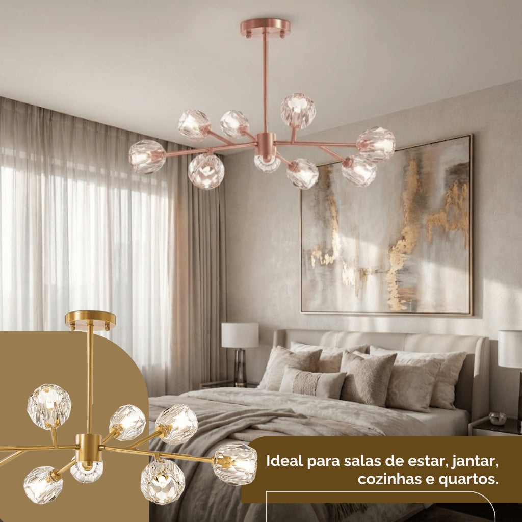 Lustre 9 / 12 Globos Pendente de cristal XLX Dourado Rose Luminária de Teto Pendente Luxo Moderno