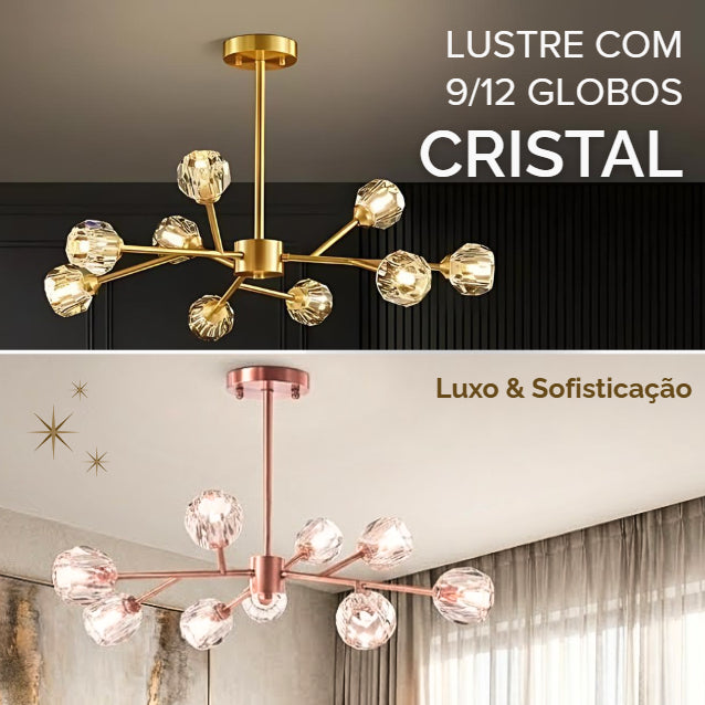 Lustre 9 / 12 Globos Pendente de cristal XLX Dourado Rose Luminária de Teto Pendente Luxo Moderno