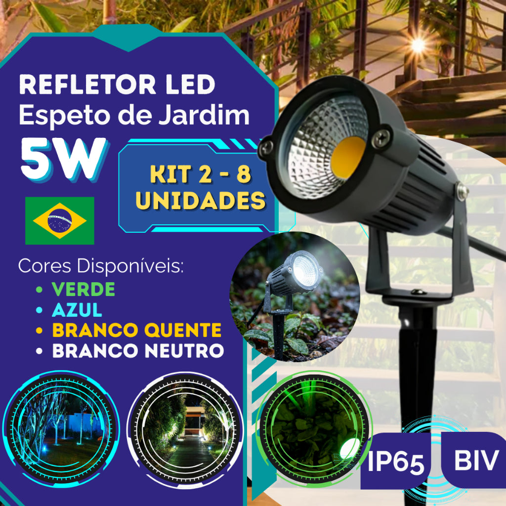 Kit Luminárias Espeto LED Jardim Verde Azul Branco Frio Branco Quente IP56 Bivolt 5w Prova d'Água