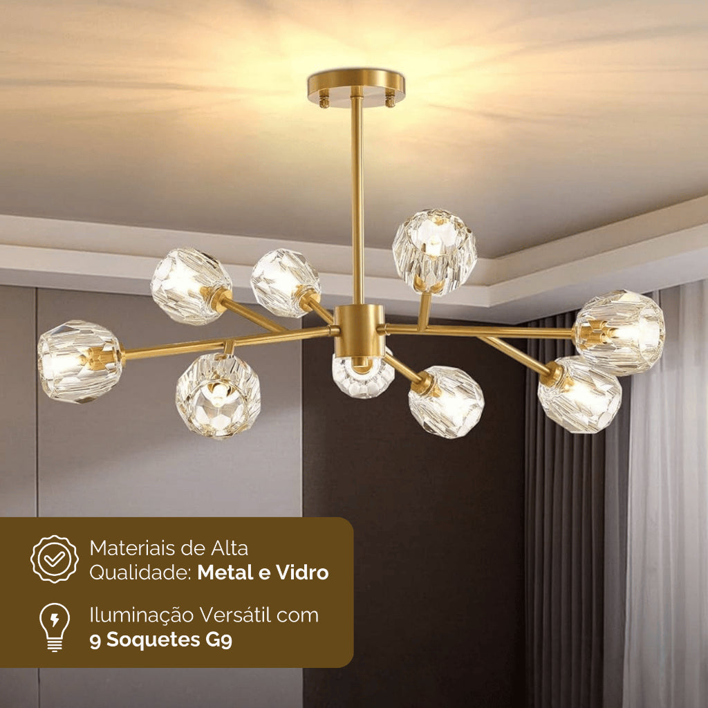 Lustre 9 / 12 Globos Pendente de cristal XLX Dourado Rose Luminária de Teto Pendente Luxo Moderno