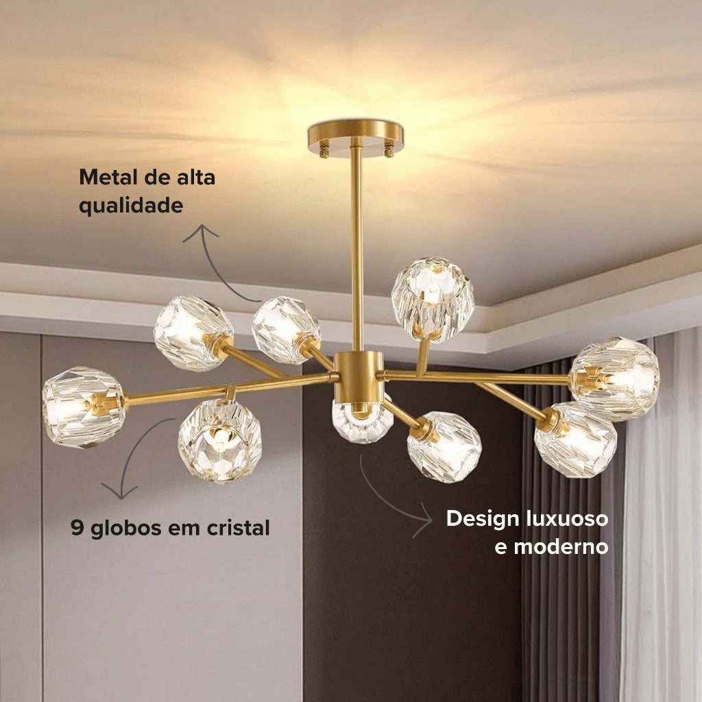 Lustre 9 / 12 Globos Pendente de cristal XLX Dourado Rose Luminária de Teto Pendente Luxo Moderno
