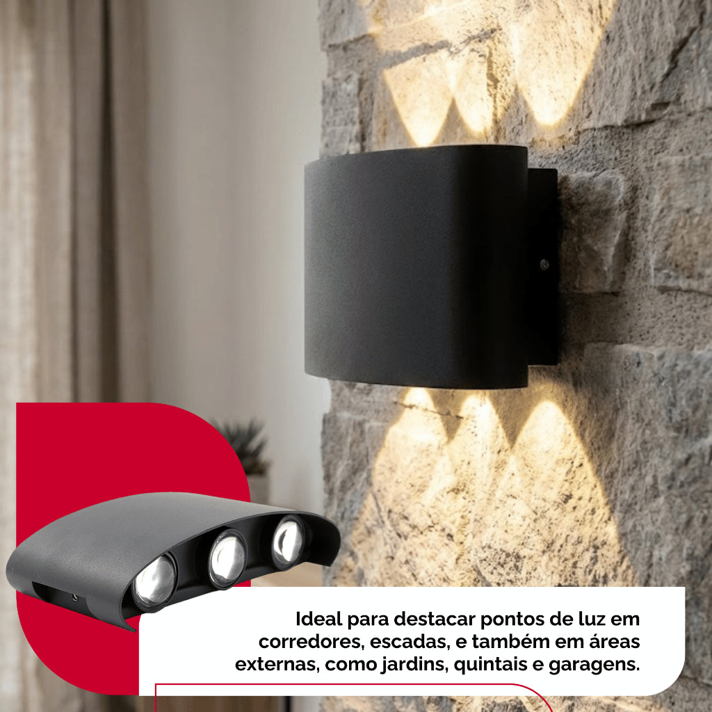 Arandela de Parede Preta LED 5W IP66 A Prova d'Água 6 Fachos de Luz Decoração Externa Branco Quente