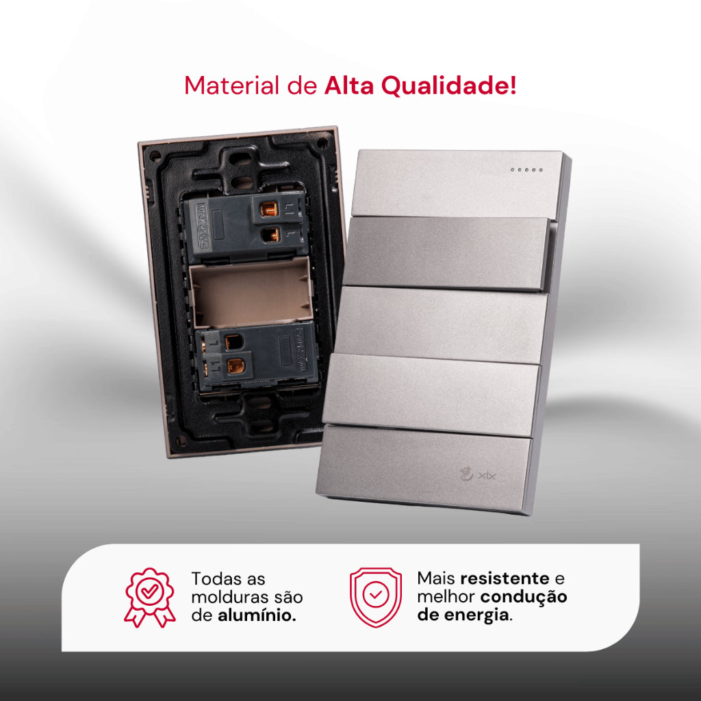 Tomada Modular Interruptor Duplo Unipolar Bipolar Cinza Preto Galvanizado Placa 4x2 Alumínio