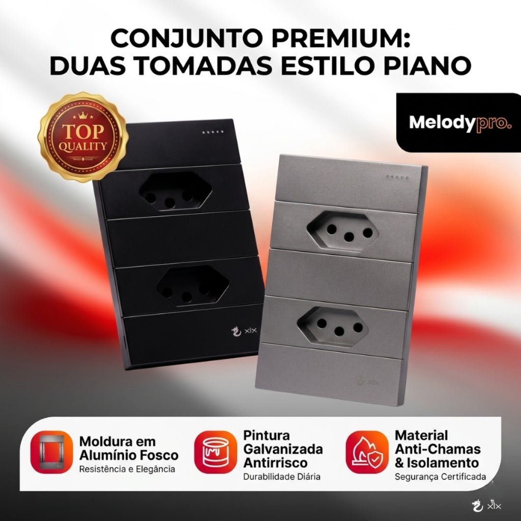 Tomada Modular 10A 110V Duas Tomadas Melody XLX Cinza Preto Galvanizado Placa 4x2 Alumínio