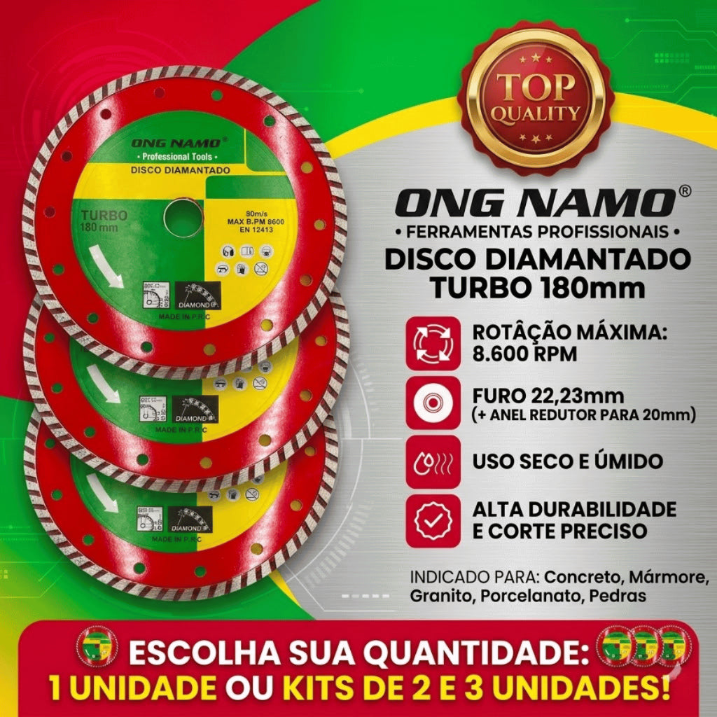 Disco Diamantado Turbo 180mm Corte Seco e Úmido Roçadeira Profissional Porcelanato Mármore Concreto