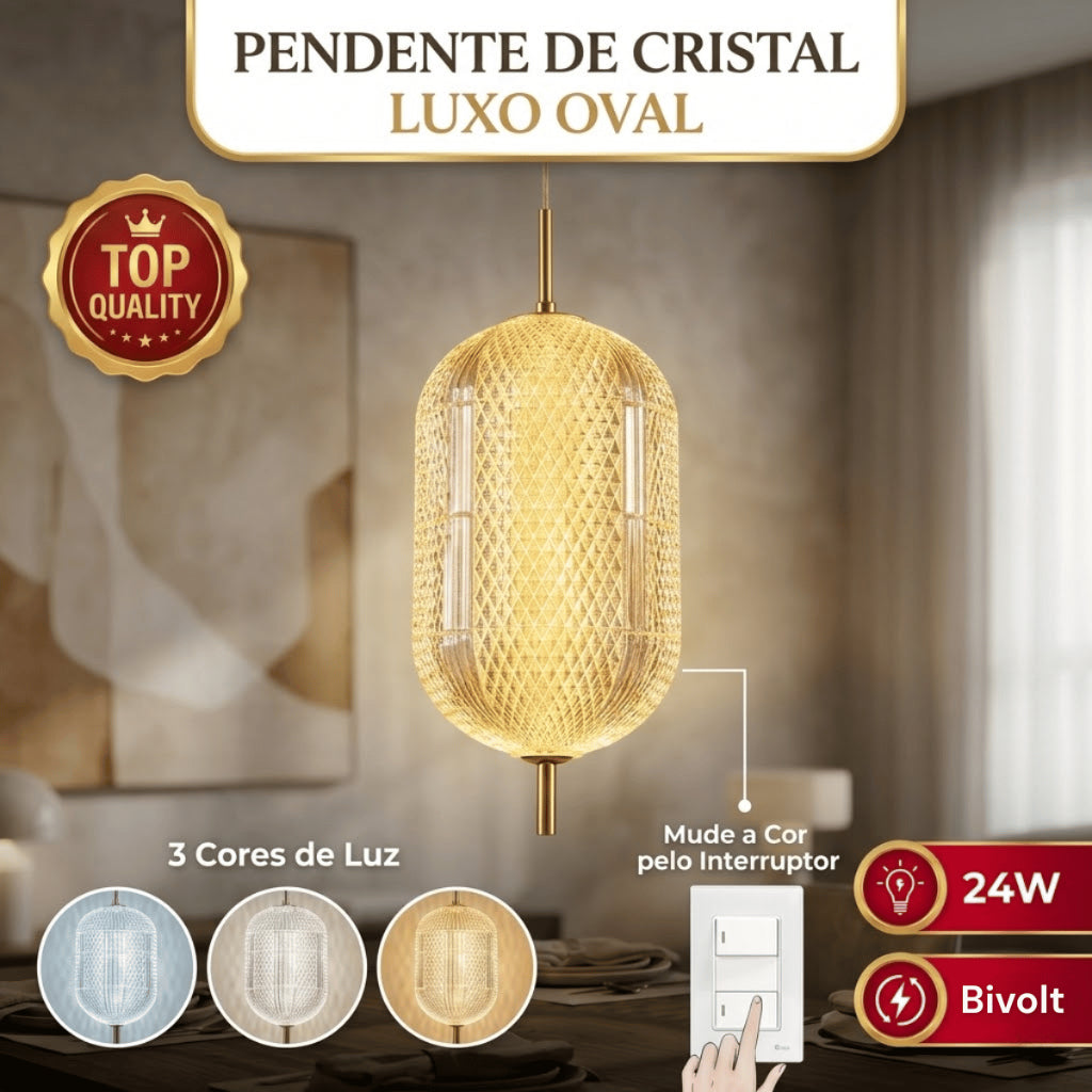 Pendente Led Oval De Vidro Cristal 24w Tricolor Bivolt 220v Design Moderno Luxuoso Mesa Jantar