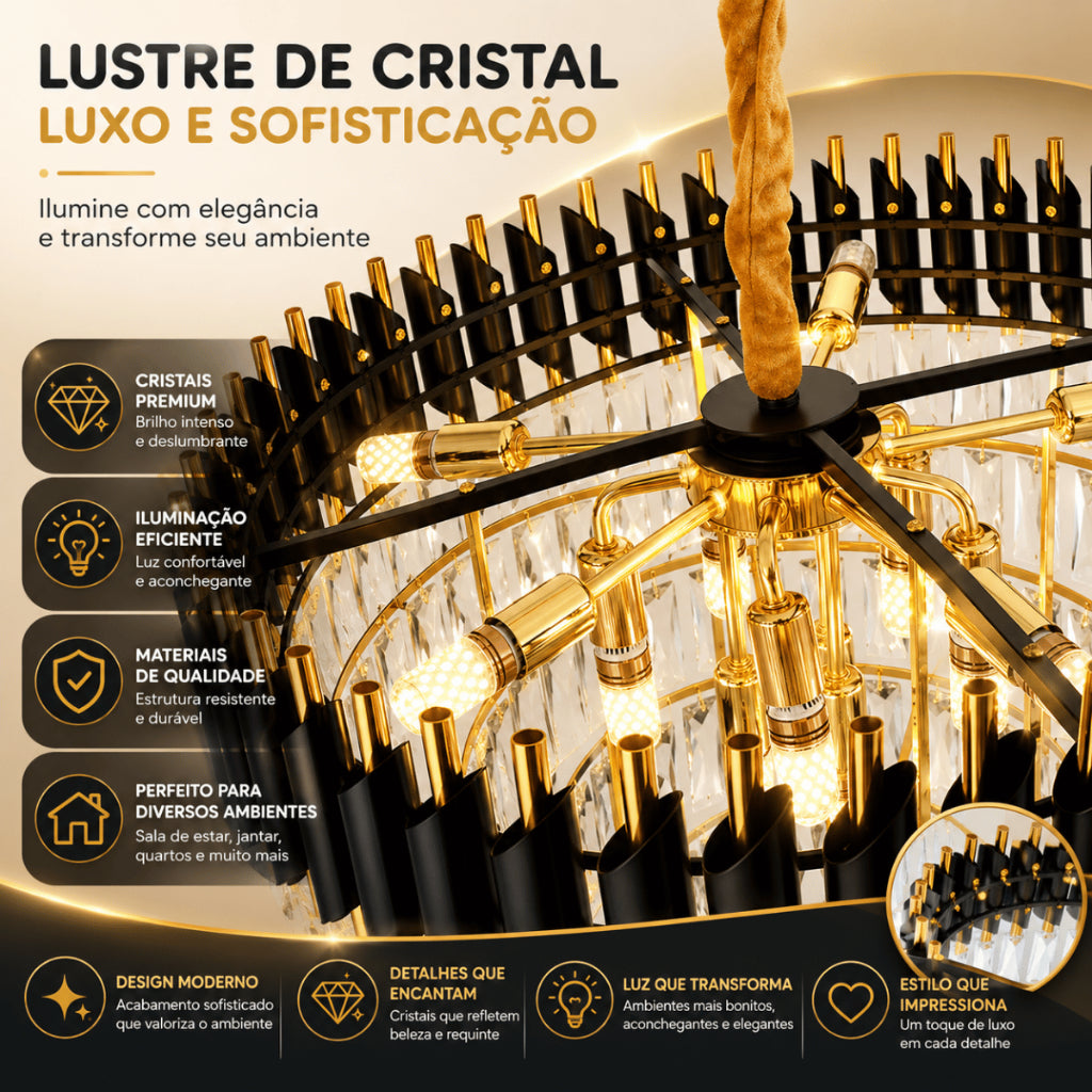 Lustre de Cristal Moderno Luxo Redondo Sala de Jantar E14 Bivolt Altura Ajustável 3 Cores