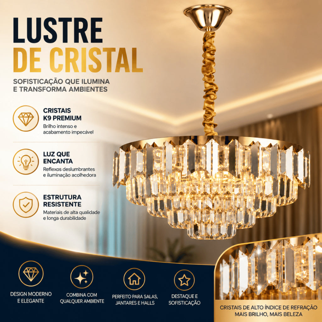 Lustre Pendente Cristal Moderno Sala de Jantar Luxo E14 Bivolt Cabo Ajustável