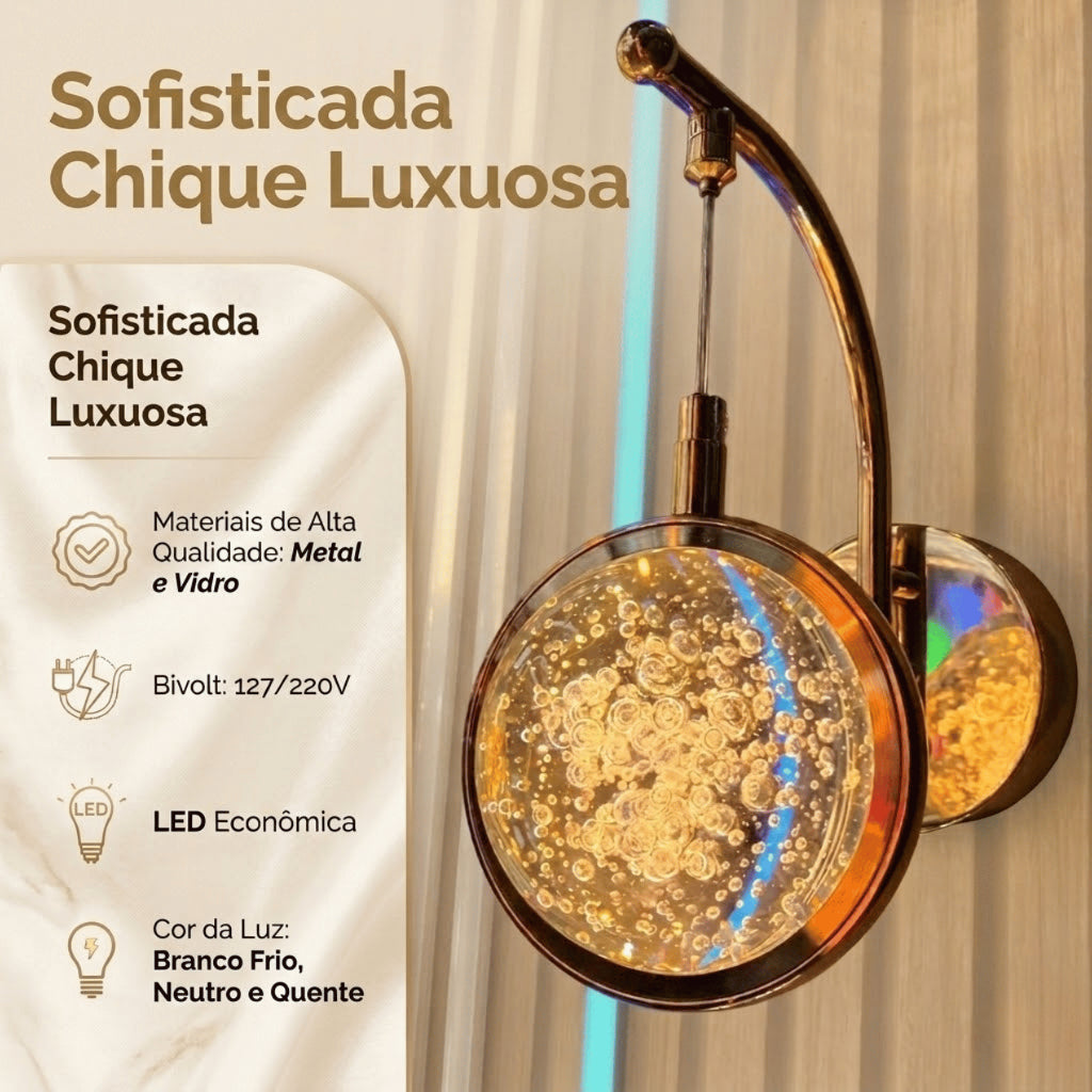 Arandela Parede Saturno Globo Cristal Bolhas Dourada XLX LED Moderno Luxo Brilhante Criativo