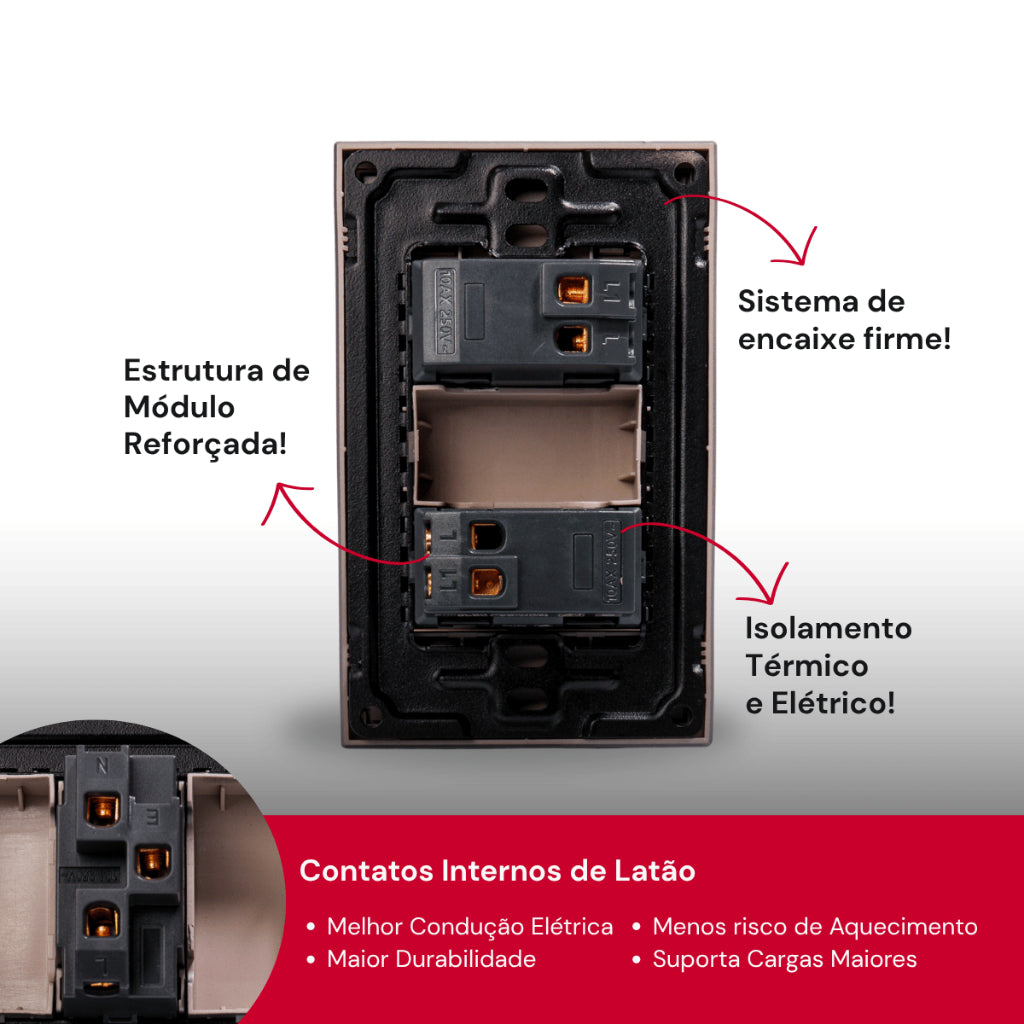 Tomada Modular Interruptor Duplo Unipolar Bipolar Cinza Preto Galvanizado Placa 4x2 Alumínio