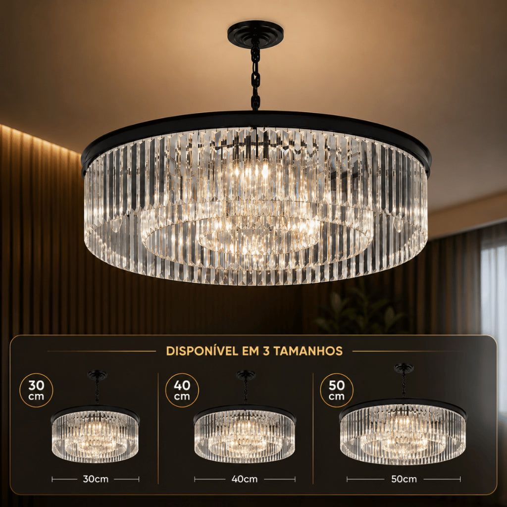Lustre Cristal K9 Redondo Moderno Pendente Luxo Sala de Jantar E14 Bivolt Corrente Ajustável Preto