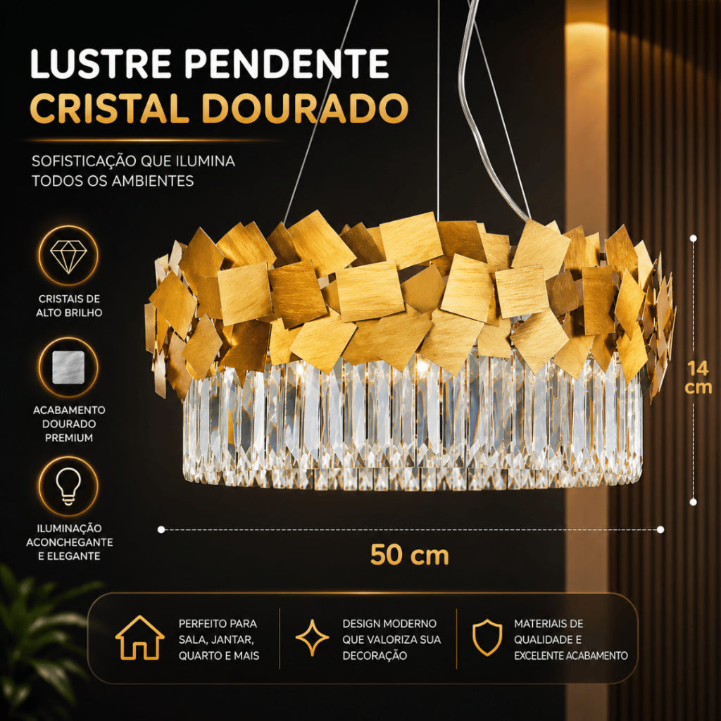 Lustre Moderno Cristal K9 Dourado Premium Pendente Luxo E14 Bivolt Sala de Estar e Jantar