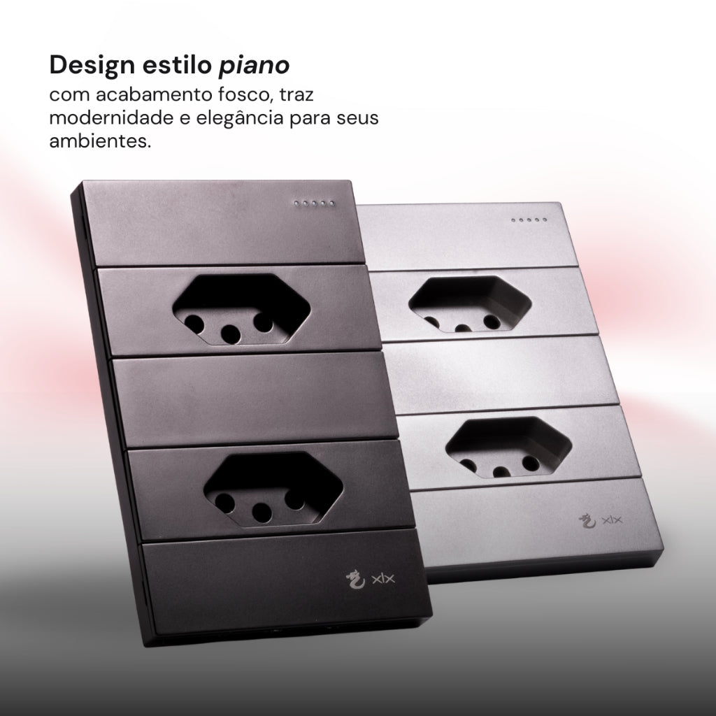 Tomada Modular 10A 110V Duas Tomadas Melody XLX Cinza Preto Galvanizado Placa 4x2 Alumínio