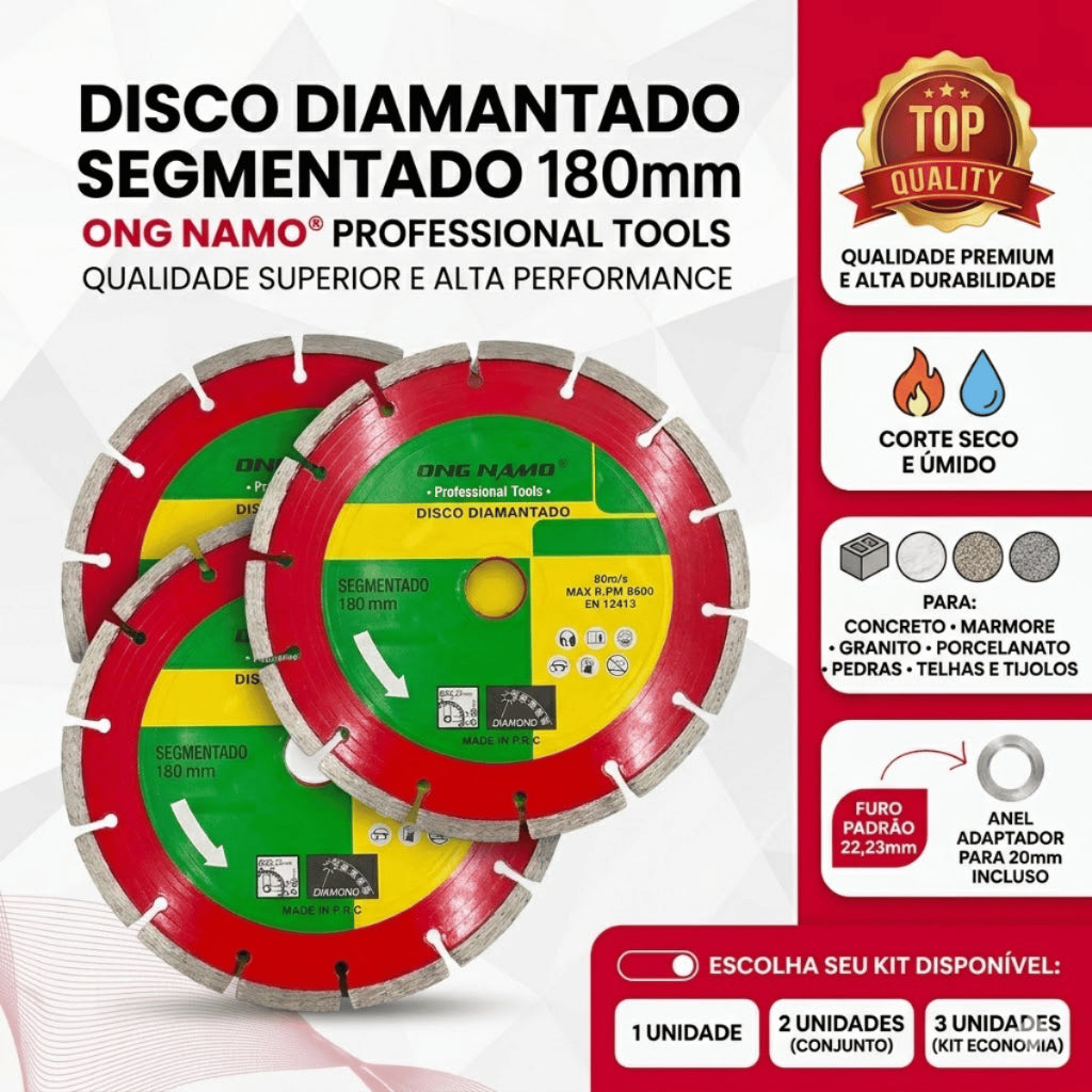 Disco Diamantado Segmentado de Corte 180 mm Seco Úmido Profissional Bloco Concreto Granito Mármore