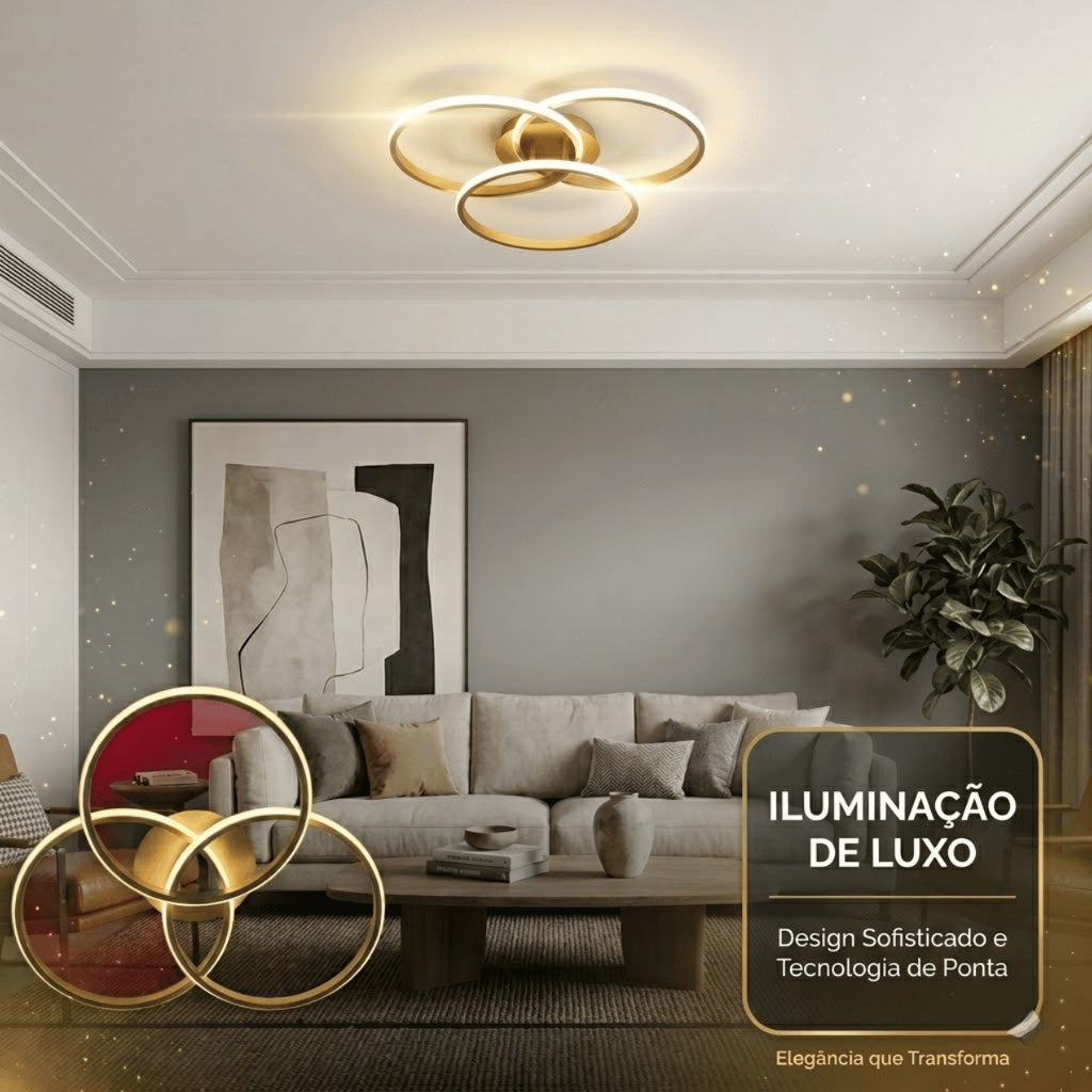 Lustre 3 Anéis Dourado 60w Luminária LED Design Moderno Led 3 Cores Bivolt Luz Branco Neutro Quente