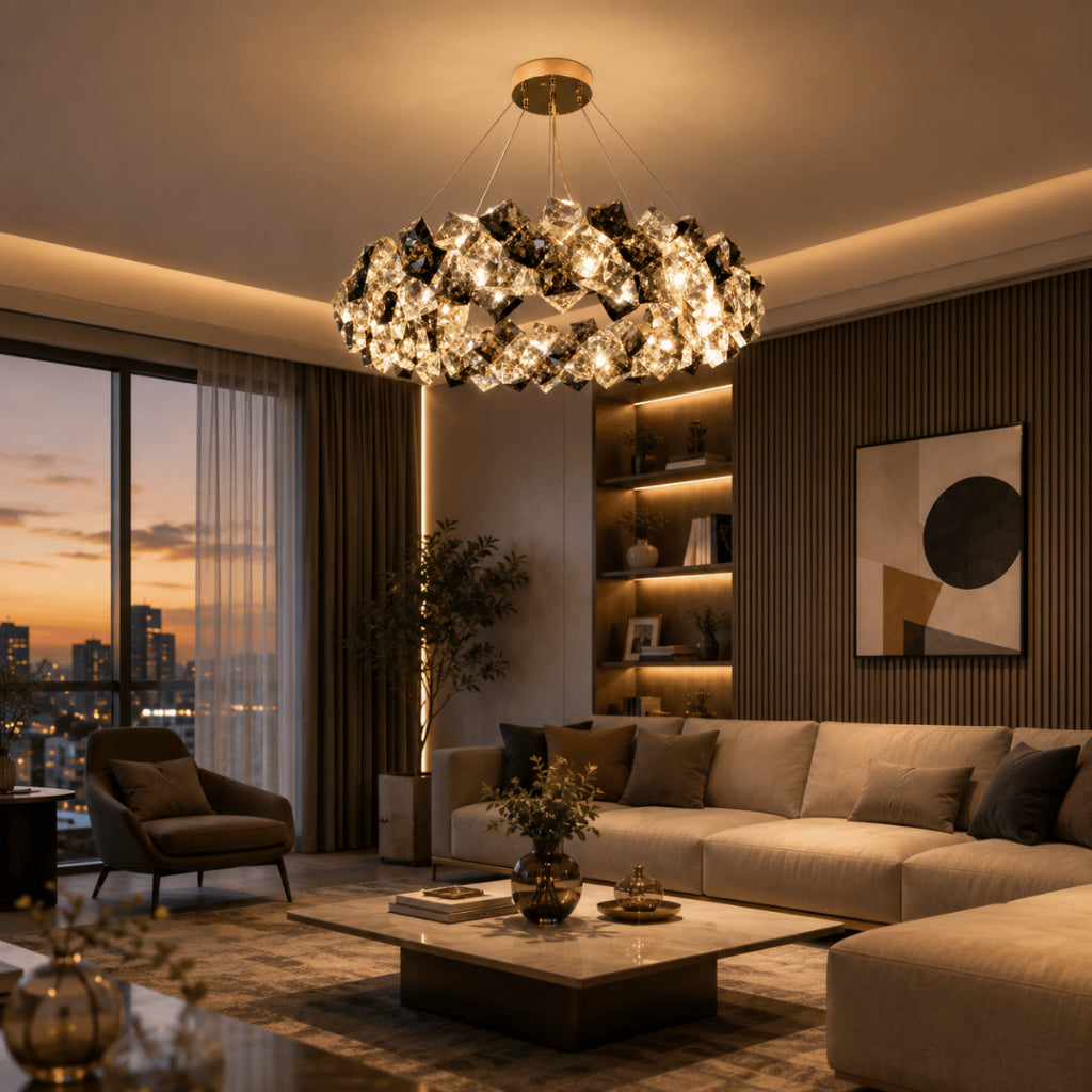 Lustre Cristal K9 Fumê e Transparente Dourado Pendente Moderno Luxo Sala de Jantar E14 Bivolt