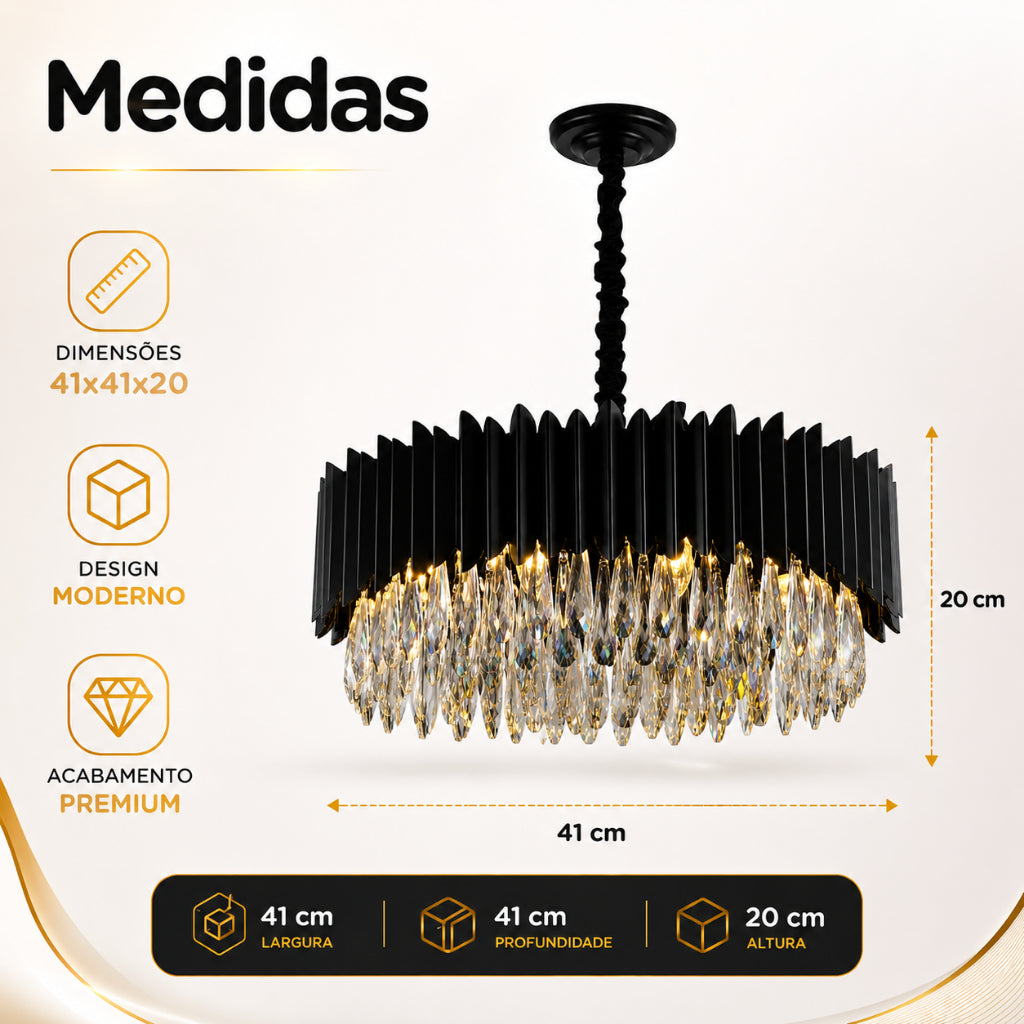 Lustre Cristal K9 Gotas Preto Fosco Pendente Moderno E14 Sala de Estar Bivolt