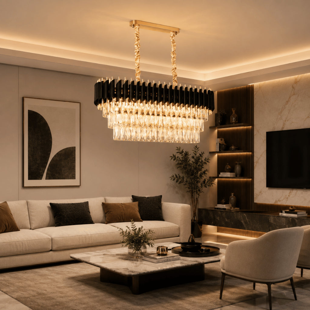 Lustre Pendente Retangular Cristal K9 Preto e Dourado E14 Bivolt Corrente Ajustável Luxo