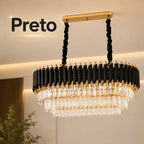 Lustre Pendente Retangular Cristal K9 Preto e Dourado E14 Bivolt Corrente Ajustável Luxo