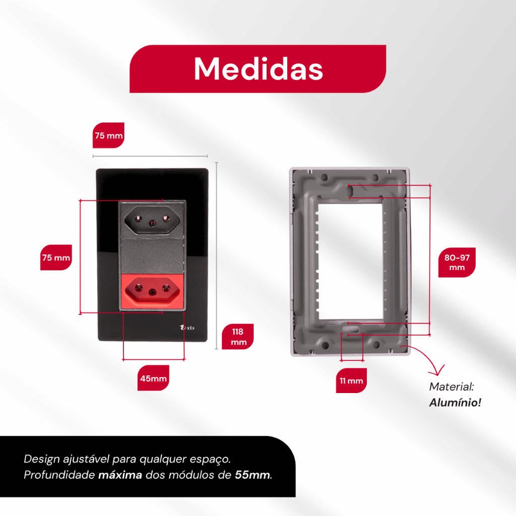 Tomada Modular Dupla de Parede 10A 110V 20A 220V Placa Preta de Acrílico Espelhado Innova XLX