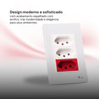 Tomada Modular Tripla 10A 20A 110V 220V Placa Preta Acrílico Espelhada Alumínio Moderna Innova XLX