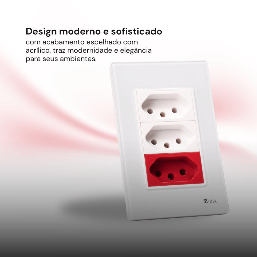 Tomada Modular Tripla 10A 20A 110V 220V Placa Preta Acrílico Espelhada Alumínio Moderna Innova XLX