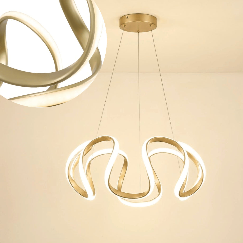 Lustre Pendente Dourado Led Moderno Curvas 60w Ondas Luz 3 Em 1 Sala Jantar Mesa Quarto Bivolt