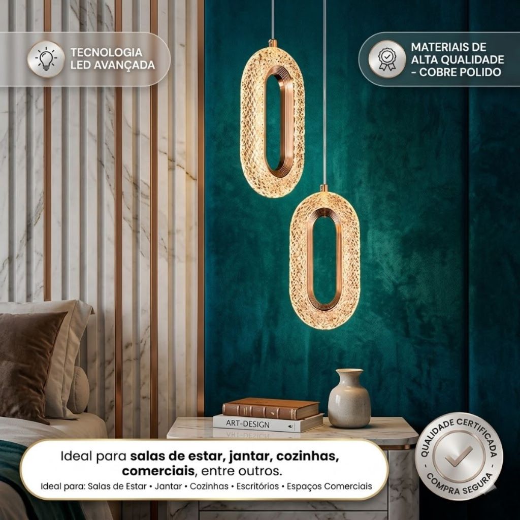 Luminária Pendente Anel De Cristal Oval Led Dourada Cor Ajustável Cabeceira Lavabo Bivolt