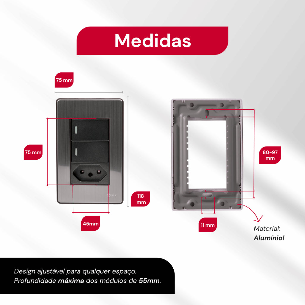 Interruptor de Parede Tomada 10A 110V Carregador USB C Placa 4x2 Alumínio Escovado Unipolar Bipolar