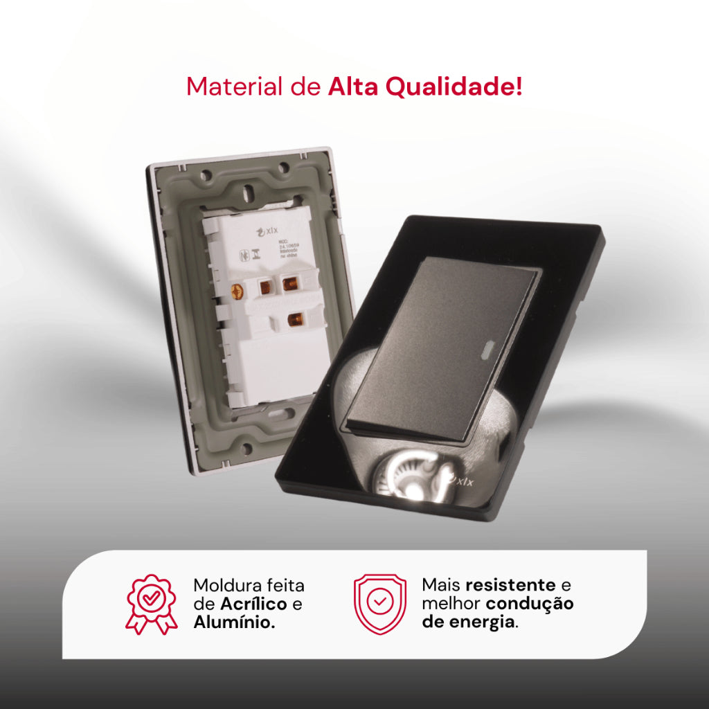 Tomada Modular 4x2 Interruptor Simples Acrilico Espelhado Branco Luxo Anti-Chamas Innova Pro XLX