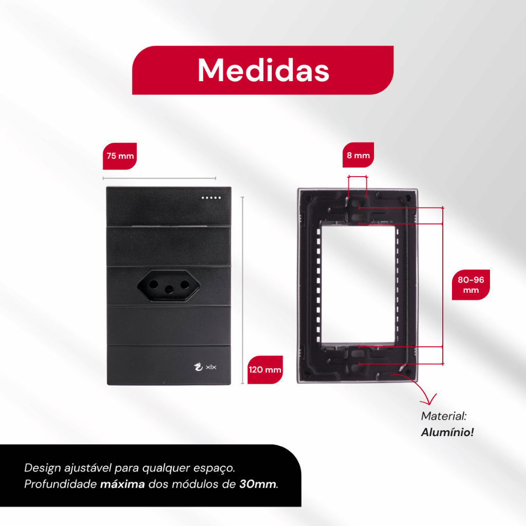 Tomada Modular 10A 110V Cinza Preto Pintura Galvanizada Anti Chamas Moderna Placa 4x2 Alumínio
