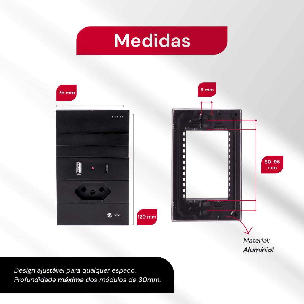 Tomada Modular 10A 110V Carregador USB C A Interruptor Unipolar Bipolar Preto Placa 4x2 Alumínio